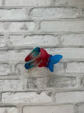 Butterfly Clip & Glitter Snap Set - Blue and Red - Accessories